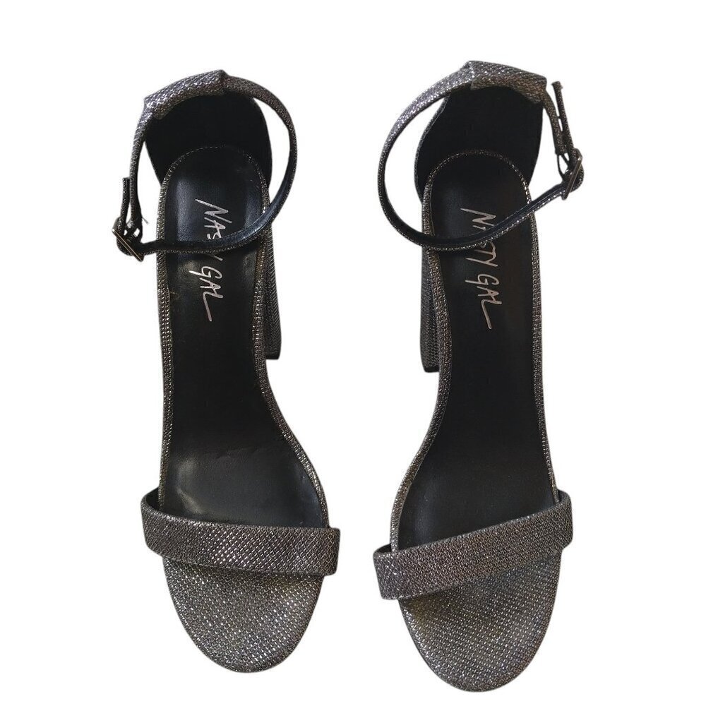 Nasty Gal Women's Size 8 Silver Glitter Metallic Block Heel Ankle Strap Sandals